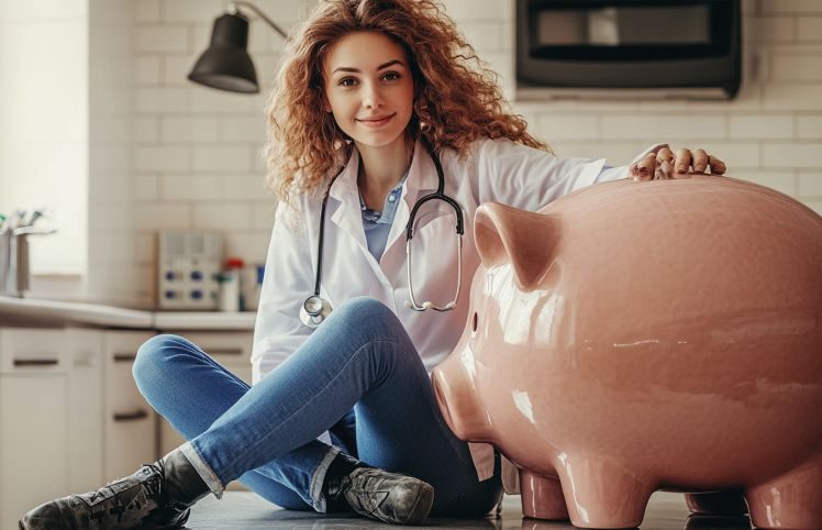 woman relaxing with feet on piggy bank