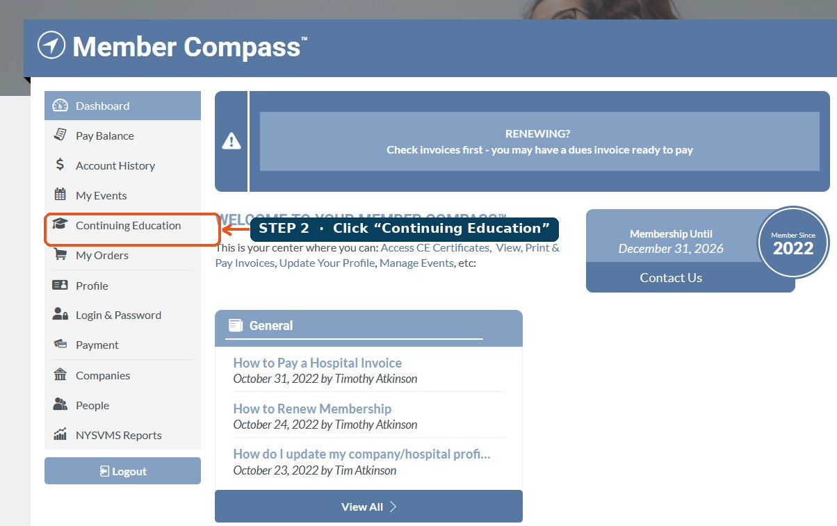 Member Compass dashboard with the Continuing Education menu item highlighted