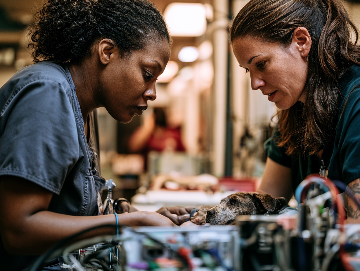 vet-techs-at-work Two veterinary professionals working together in a hospital
