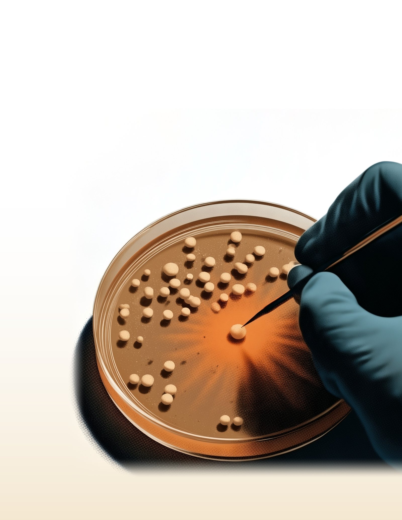 Gloved hand picking a colony from a petri dish